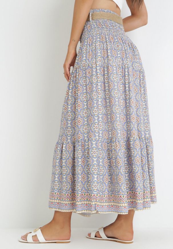 Born2be - Niebieska Spódnica Maxi w Stylu Boho z Plecionym Paskiem Kairy. Kolor: niebieski. Styl: boho