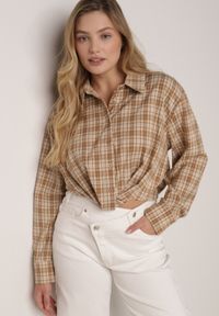 Born2be - Beżowa Krótka Bawełniana Koszula w Kratę z Marszczeniem Wenatia. Okazja: na co dzień. Kolor: beżowy. Materiał: bawełna. Długość: krótkie. Styl: casual #8