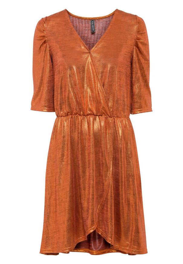 Sukienka z brokatowym połyskiem i założeniem kopertowym bonprix czerwony miedziany metaliczny. Kolor: pomarańczowy. Typ sukienki: kopertowe