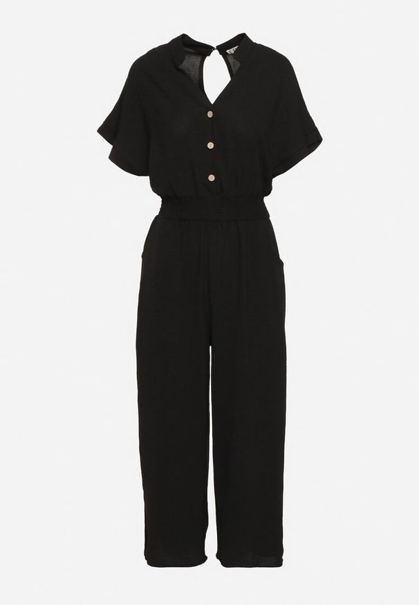 Born2be - Czarny Wiskozowy Kombinezon o Taliowanym Kroju z Szerokimi Nogawkami Delsea. Okazja: do pracy. Kolor: czarny. Materiał: wiskoza. Długość rękawa: krótki rękaw. Długość: krótkie. Styl: elegancki