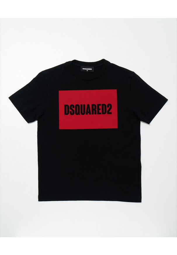 DSQUARED2 KIDS - Czarny t-shirt z czerwonym nadrukiem 8-16 lat. Kolor: czarny. Materiał: bawełna. Długość rękawa: krótki rękaw. Wzór: nadruk. Sezon: lato. Styl: klasyczny