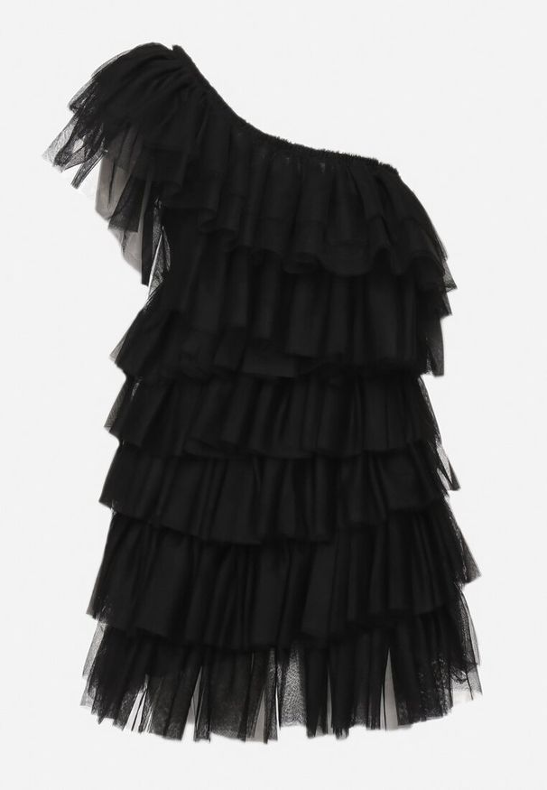 Born2be - Czarna Sukienka Mini na Jedno Ramię Asymetryczna z Falbankami Nomenta. Typ kołnierza: kołnierz z falbankami. Kolor: czarny. Typ sukienki: asymetryczne. Długość: mini