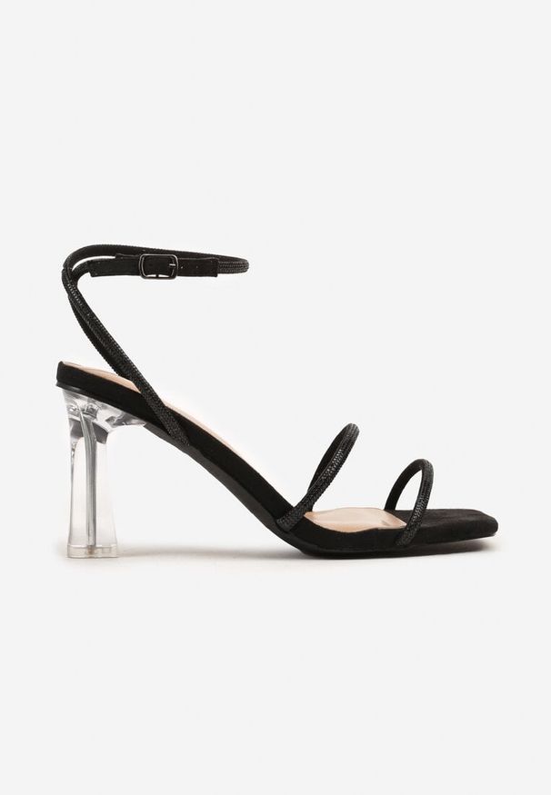 Born2be - Czarne Sandały Vices na Transparentnej Szpilce z Cyrkoniami Natirena. Okazja: na co dzień. Zapięcie: sprzączka. Kolor: czarny. Styl: elegancki, glamour, casual
