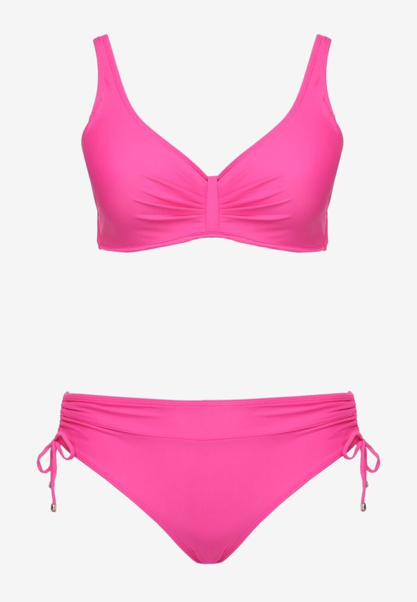 Born2be - Fuksjowe Bikini Biustonosz z Marszczeniem i Majtki Figi ze Ściągaczami Sarimine. Kolekcja: plus size. Kolor: różowy. Materiał: jeans