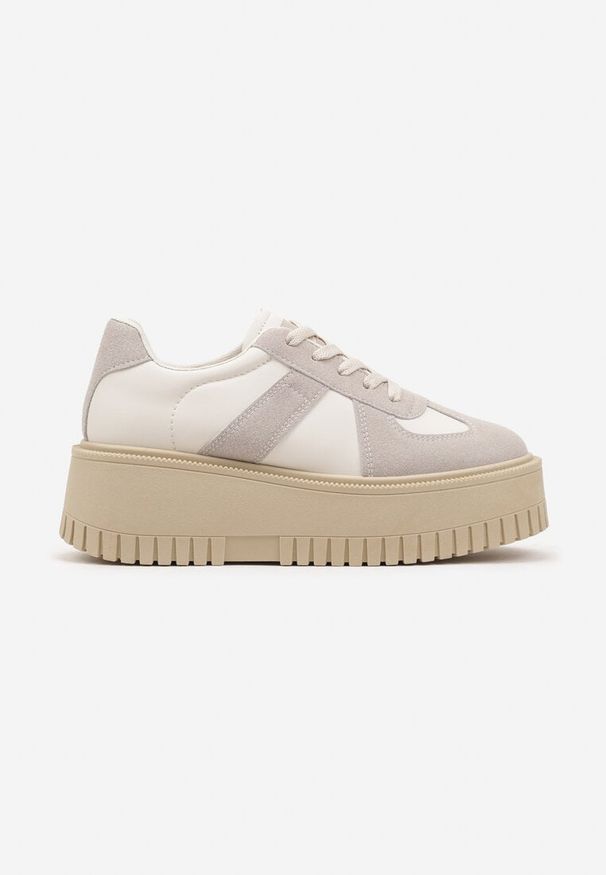 Renee - Beżowo-Szare Sneakersy Typu Tenisówki na Żłobionej Platformie Lorreia. Kolor: beżowy. Materiał: jeans. Obcas: na platformie