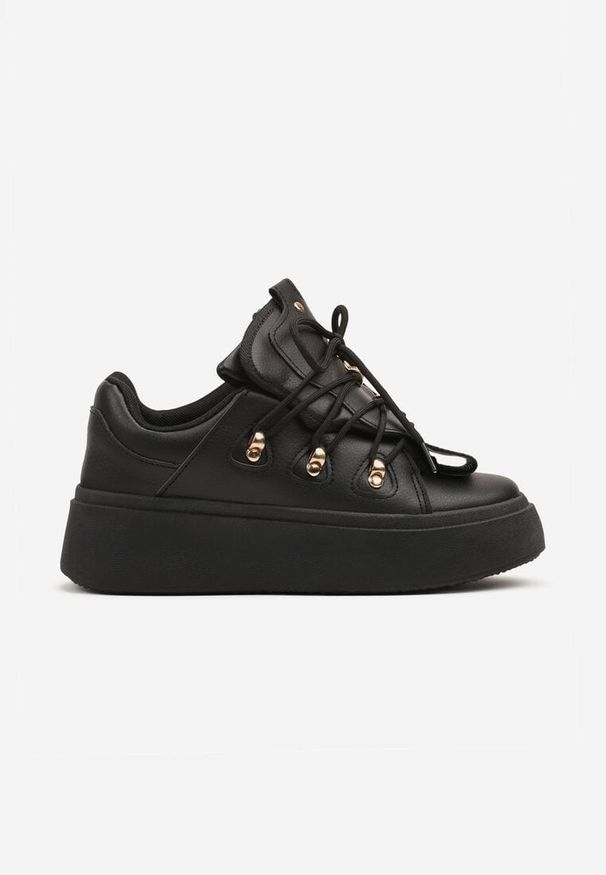 Born2be - Czarne Sneakersy na Platformie z Ozdobnym Szerokim Językiem Zarinea. Okazja: na co dzień. Nosek buta: okrągły. Zapięcie: sznurówki. Kolor: czarny. Materiał: jeans. Obcas: na platformie