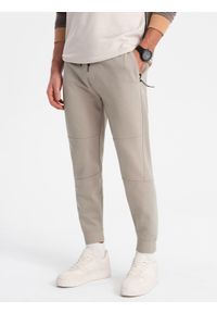 Ombre Clothing - Męskie spodnie dresowe joggery na gumce z przeszyciami – popielate V1 - Rozmiar: L. Kolor: szary. Materiał: dresówka. Wzór: aplikacja #4