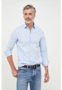 Armani Exchange koszula bawełniana męska slim z kołnierzykiem klasycznym. Typ kołnierza: kołnierzyk klasyczny. Kolor: niebieski. Materiał: bawełna. Styl: klasyczny #1