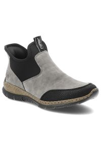 Szare Botki Rieker Wsuwane Obuwie Damskie. Okazja: na co dzień. Zapięcie: bez zapięcia. Kolor: szary. Materiał: jeans, materiał. Styl: casual, sportowy, elegancki