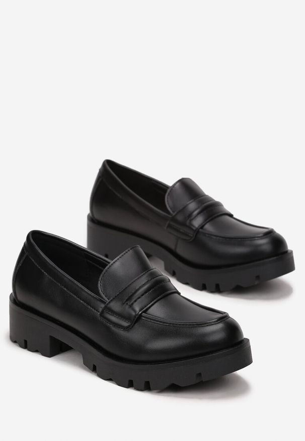 Born2be - Czarne Mokasyny na Grubej Podeszwie z Wkładką ze Skóry Naturalnej Kamore. Wysokość cholewki: przed kostkę. Zapięcie: bez zapięcia. Kolor: czarny. Materiał: skóra. Szerokość cholewki: normalna. Styl: elegancki