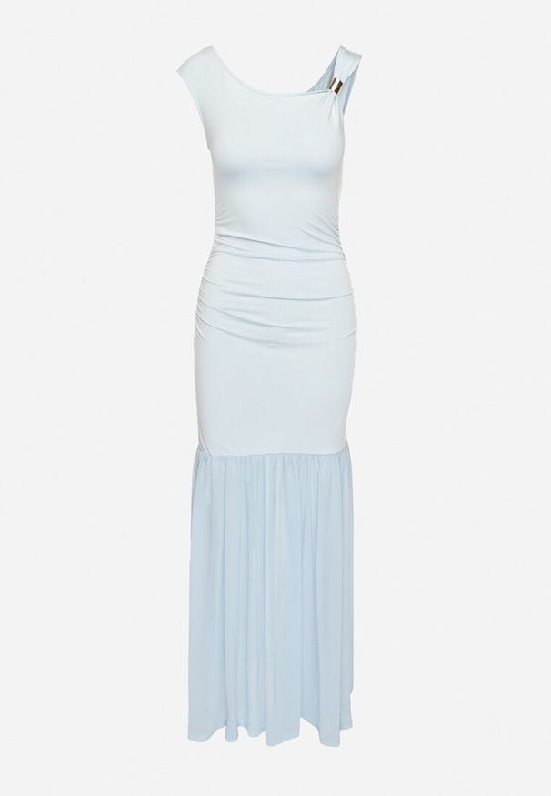 Born2be - Niebieska Koktajlowa Sukienka z Wiskozą Ozdobiona Marszczeniem Galapina. Okazja: na imprezę. Kolor: niebieski. Materiał: wiskoza. Wzór: aplikacja. Styl: wizytowy