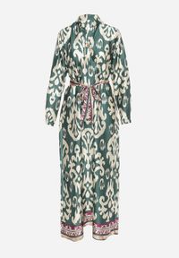 Born2be - Zielona Sukienka Satynowa o Pudełkowym Fasonie Wiązana w Talii w Ornamentalny Wzór Narosa. Kolor: zielony. Materiał: satyna #4
