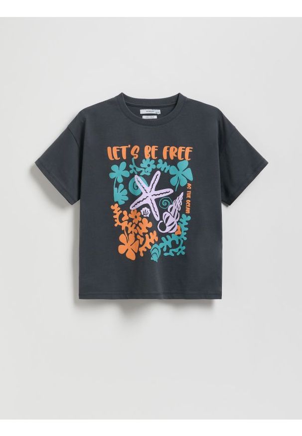 Reserved - T-shirt z nadrukiem - ciemnoszary. Kolor: szary. Materiał: bawełna. Wzór: nadruk