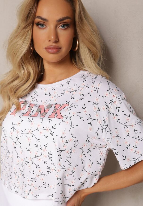 Renee - Biały Oversize T-shirt Krótki z Bawełny Ozdobiony Napisem i Printem Dawene. Okazja: na co dzień. Kolor: biały. Materiał: bawełna. Długość: krótkie. Wzór: aplikacja, napisy, nadruk. Styl: casual
