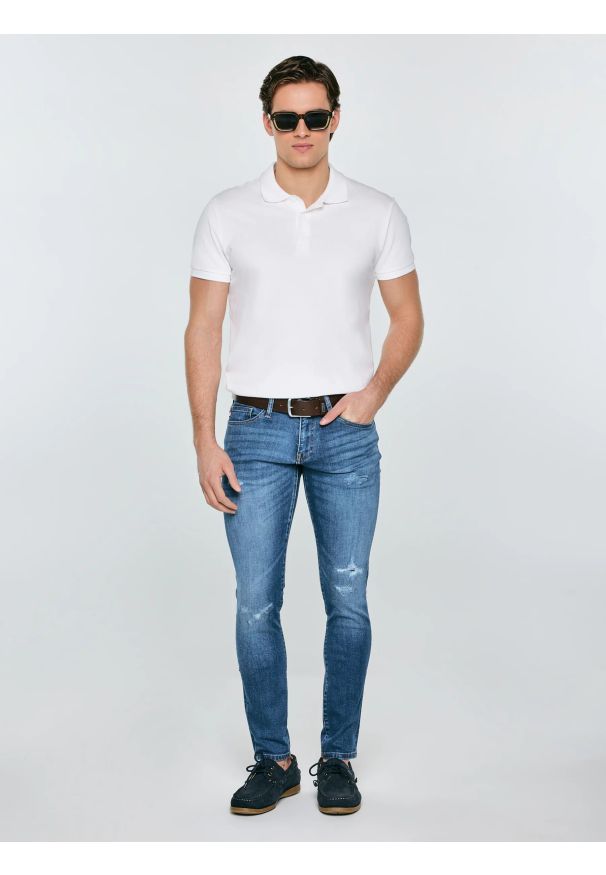 Big-Star - Jeansy męskie skinny z przetarciami niebieskie Deric 368. Stan: obniżony. Kolor: niebieski. Styl: elegancki