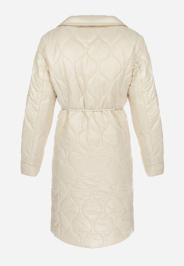 Born2be - Beżowa Kurtka za Kolano z Kołnierzem Pikowana Chloime. Kolor: beżowy. Materiał: materiał