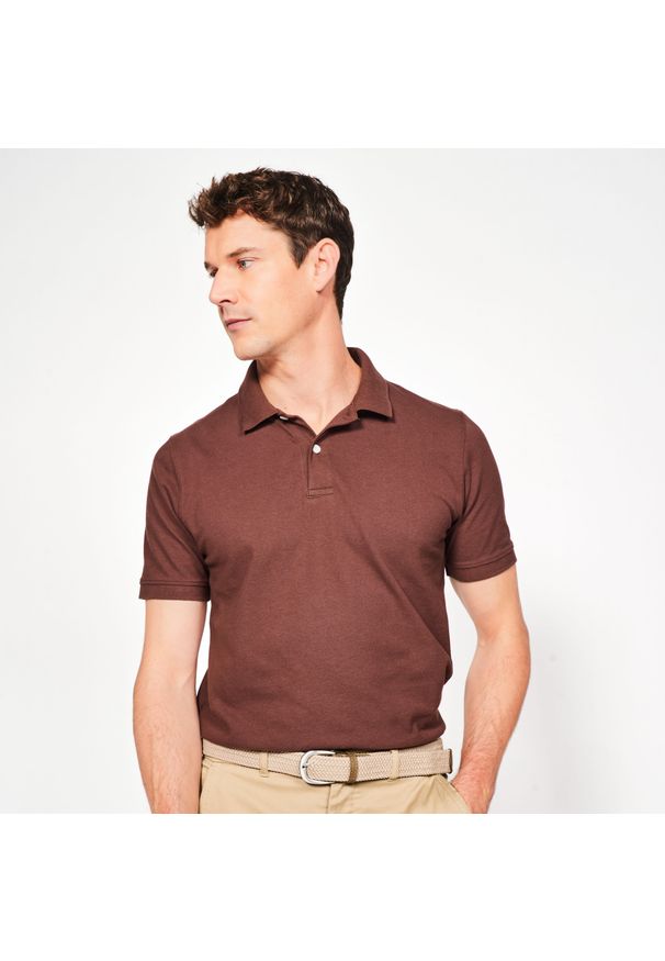 INESIS - Koszulka polo do golfa z krótkim rękawem męska Inesis MW500. Typ kołnierza: golf, polo. Kolor: brązowy. Materiał: bawełna, poliester, materiał. Długość rękawa: krótki rękaw. Długość: krótkie. Styl: klasyczny, sportowy