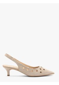 Ryłko - Beżowe wycinane czółenka slingback bez pięty SARAH. Okazja: na co dzień. Zapięcie: bez zapięcia. Kolor: beżowy. Wzór: ażurowy. Materiał: welur. Sezon: lato. Obcas: na obcasie. Styl: casual, street. Wysokość obcasa: średni