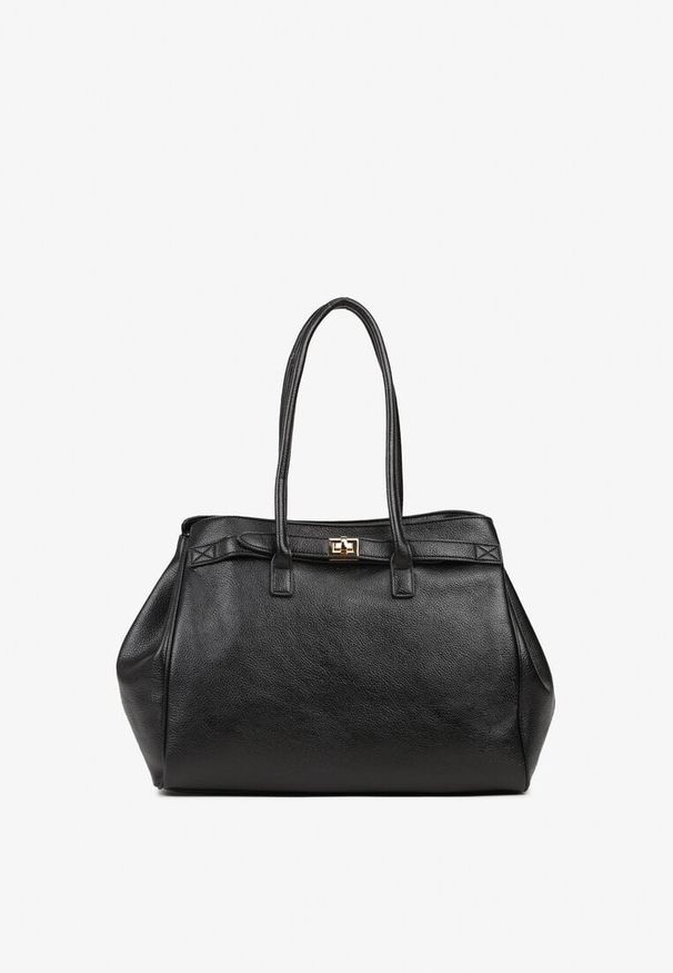 Renee - Czarna Torebka Shopper z Dwoma Rączkami Ozdobiona Paskiem z Klamrą Remisse. Kolor: czarny. Wzór: aplikacja. Styl: klasyczny, casual, elegancki. Rodzaj torebki: na ramię