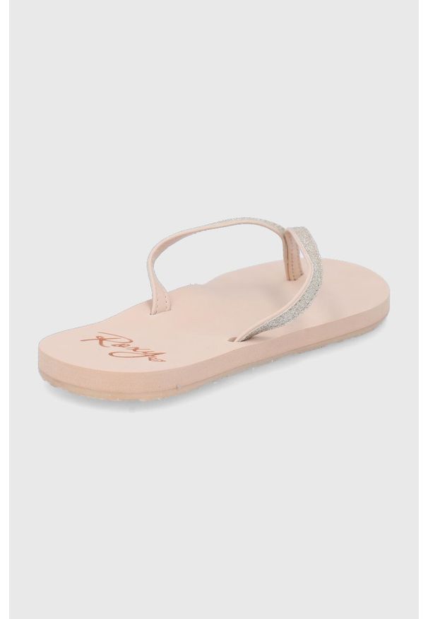 Roxy Japonki damskie kolor żółty na małym obcasie. Kolor: beżowy. Materiał: materiał, guma. Obcas: na obcasie. Wysokość obcasa: niski