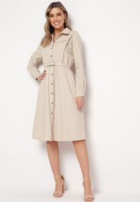 Born2be - Beżowa Sukienka Midi z Gumką w Pasie i Dodatkowym Paskiem ze Sprzączką Zawadi. Kolor: beżowy. Styl: elegancki. Długość: midi #3