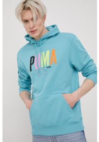 Puma bluza bawełniana 533621 męska kolor turkusowy z kapturem z aplikacją. Typ kołnierza: kaptur. Kolor: turkusowy. Materiał: bawełna. Wzór: aplikacja