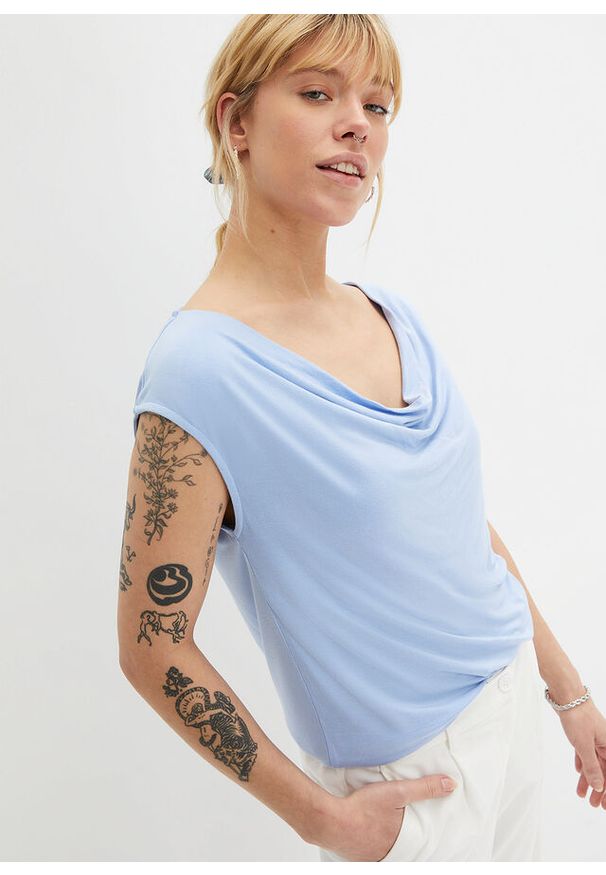 bonprix - Top z mieszanki wiskozy. Typ kołnierza: dekolt woda. Kolor: niebieski. Materiał: wiskoza. Styl: klasyczny