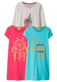 bonprix - Koszula nocna z miękka bawełną (3 szt.). Kolor: niebieski. Materiał: bawełna, materiał. Długość: krótkie. Wzór: nadruk, aplikacja #1