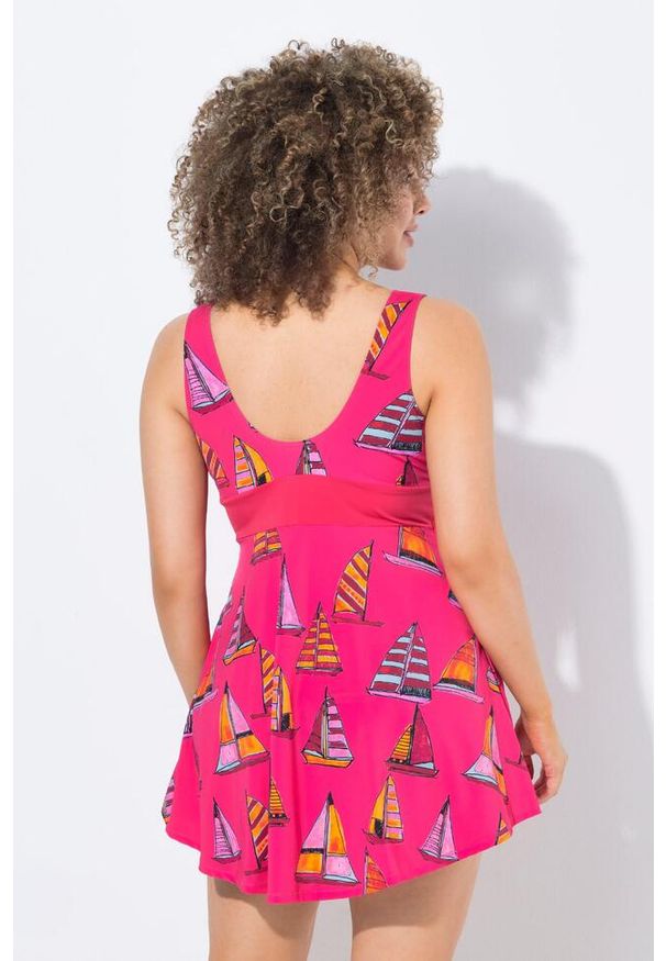 ULLA POPKEN - Damska Sukienka Kąpielowa łódka miękkie miseczki z recyklingu. Kolekcja: plus size. Kolor: czerwony. Materiał: poliamid, poliester, materiał, elastan