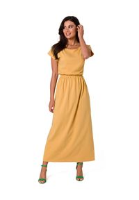BeWear - Długa sukienka bawełniana z gumą w pasie dekolt łódka żółta. Typ kołnierza: dekolt w łódkę. Kolor: żółty. Materiał: bawełna, guma. Sezon: wiosna, lato. Długość: maxi #2