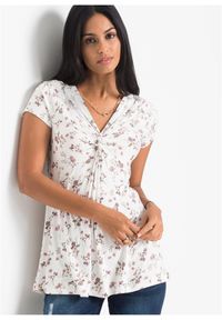 bonprix - T-shirt z mieszanki wiskozy. Typ kołnierza: dekolt w serek. Kolor: biały. Materiał: wiskoza. Wzór: nadruk, aplikacja, gładki #1