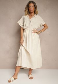 Renee - Beżowa Bawełniana Sukienka w Stylu Boho z Kieszonkami Orrane. Typ kołnierza: dekolt w kształcie V. Kolor: beżowy. Materiał: bawełna. Wzór: haft. Sezon: lato. Styl: boho #3
