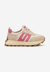 Renee - Beżowo-Fuksjowe Sneakersy ze Skóry Naturalnej Ozdobione Geometrycznym Wzorem Melassea. Okazja: na co dzień. Kolor: beżowy. Materiał: skóra. Wzór: aplikacja, geometria #4