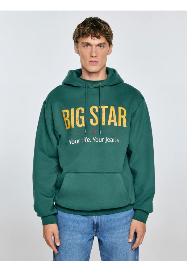 Big-Star - Bluza męska z kapturem z logo BIG STAR zielona Ashlyno 304. Typ kołnierza: kaptur. Kolor: zielony. Materiał: jeans, skóra, materiał, dzianina