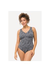 ULLA POPKEN - Damski Strój kąpielowy liście miękkie miseczki głębokie wycięcie na plecach. Kolekcja: plus size. Kolor: czarny. Materiał: poliester, elastan, poliamid, materiał