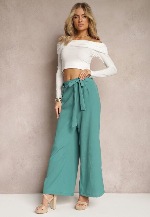 Renee - Miętowe Szerokie Spodnie z Materiałowym Paskiem w Typie Paper Bag Lasette. Kolor: miętowy. Materiał: materiał