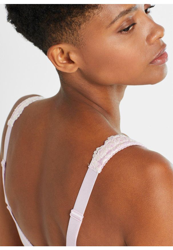 bonprix - Biustonosz odciążający bez fiszbinów z wyściełanymi ramiączkami. Kolor: fioletowy. Materiał: koronka. Wzór: koronka