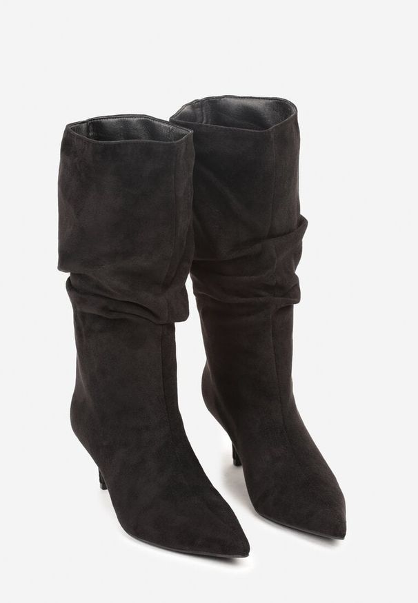 Born2be - Czarne Marszczone Botki na Obcasie Typu Kaczuszka Nalonia. Okazja: na co dzień. Kolor: czarny. Materiał: jeans. Szerokość cholewki: normalna. Obcas: na obcasie. Styl: elegancki, casual, klasyczny. Wysokość obcasa: średni