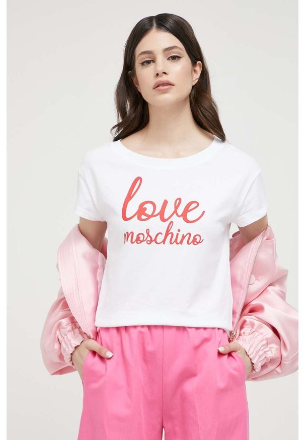 Love Moschino t-shirt bawełniany kolor biały. Kolor: biały. Materiał: bawełna. Wzór: nadruk