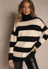 Renee - Czarno-Beżowy Golf Ozdobiony Paskami Raluna. Okazja: na co dzień. Typ kołnierza: golf. Kolor: czarny. Materiał: jeans. Wzór: aplikacja. Styl: casual