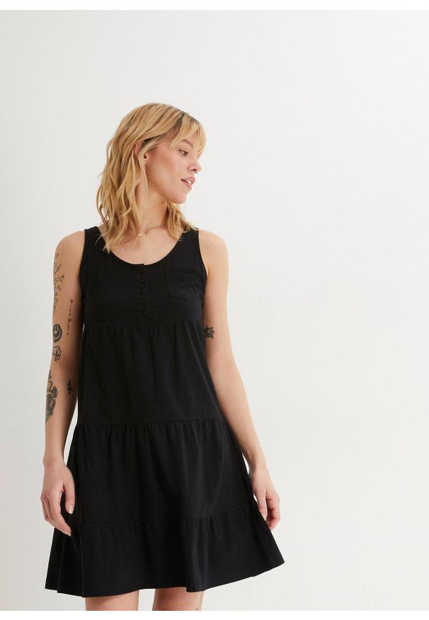bonprix - Krótka sukienka z dżerseju z bawełny. Kolor: czarny. Materiał: jersey, bawełna. Długość rękawa: krótki rękaw. Sezon: lato. Długość: mini