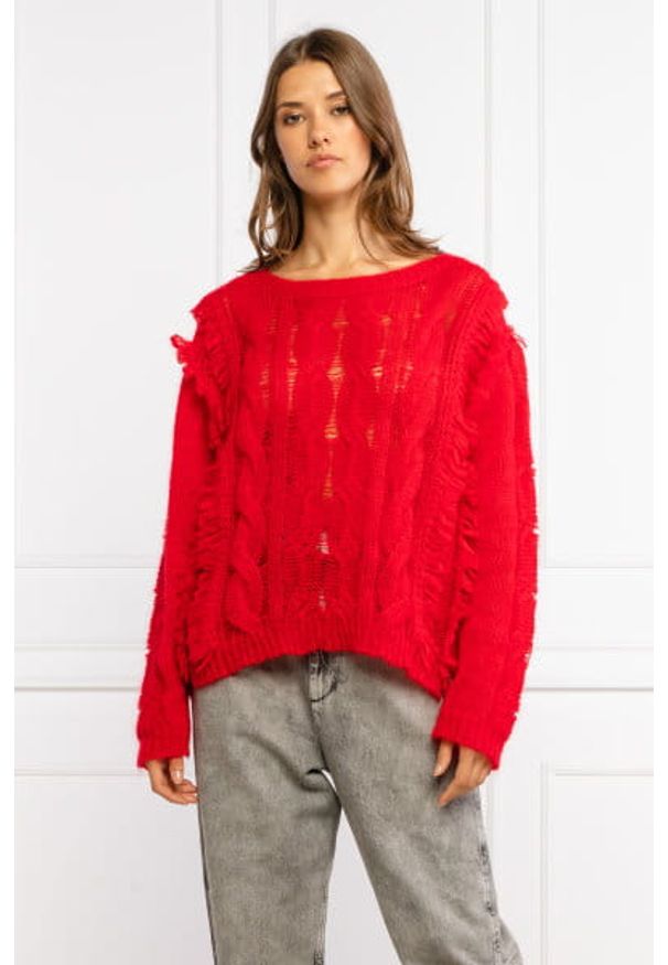 TwinSet - Sweter maxi z domieszką moheru z frędzlami czerwony TWINSET. Kolor: czerwony. Materiał: moher
