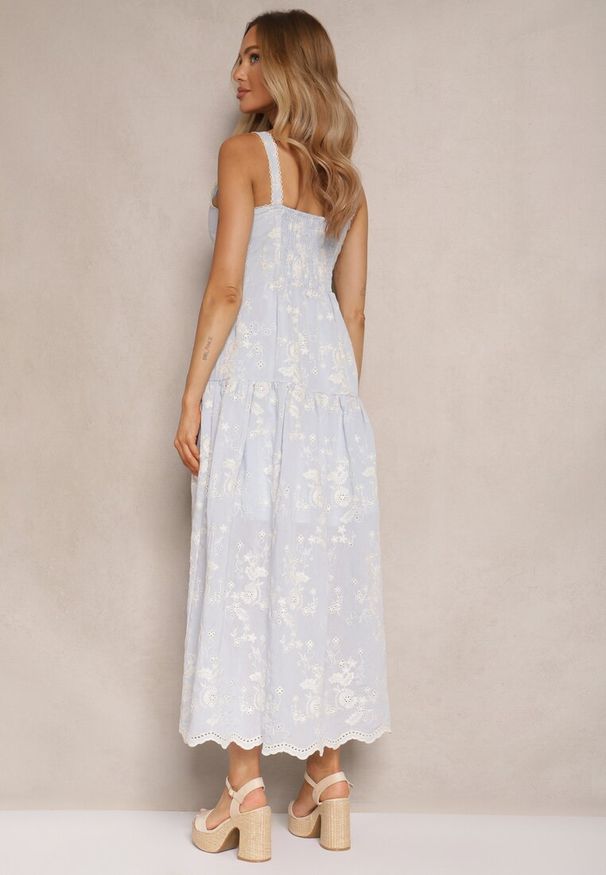 Renee - Niebieska Boho Sukienka Wiskozowo-Bawełniana z Guzikami na Ramiączkach w Kwiatowy Print Lildexis. Okazja: na spacer, na co dzień. Kolor: niebieski. Materiał: bawełna, wiskoza. Długość rękawa: na ramiączkach. Wzór: kwiaty, nadruk. Sezon: lato. Typ sukienki: proste. Styl: boho