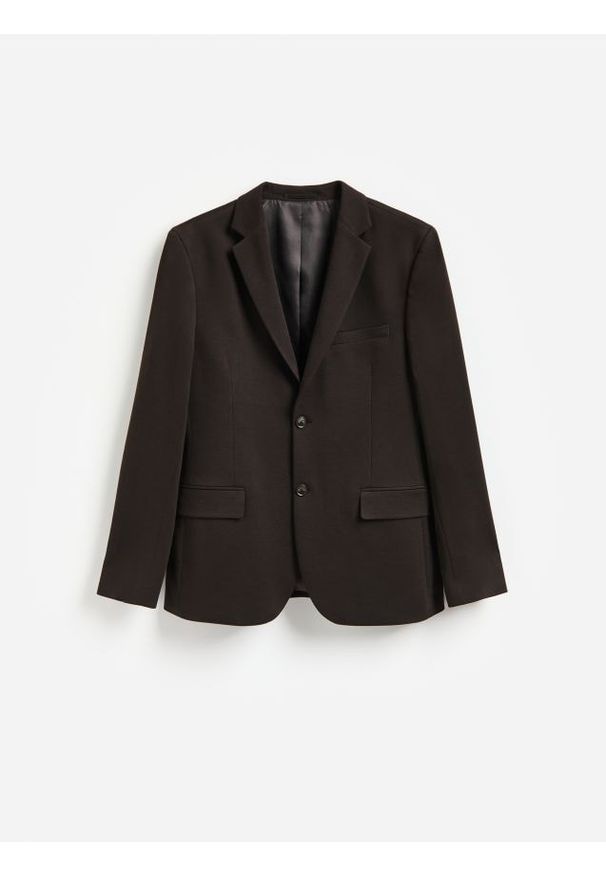 Reserved - Marynarka slim fit z dodatkiem wiskozy - ciemnobrązowy. Kolor: brązowy. Materiał: wiskoza