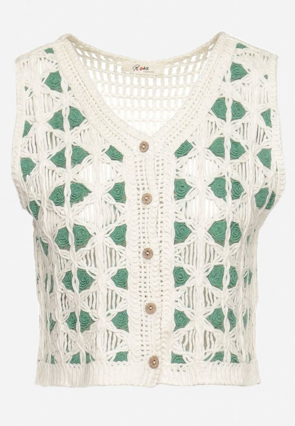 Born2be - Beżowa Szydełkowa Kamizelka z Bawełny Zapinana na Guziki Galeda. Okazja: na co dzień, na plażę, na spacer. Kolor: beżowy. Materiał: bawełna. Styl: boho, wakacyjny, casual, elegancki