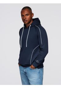 Ombre Clothing - Męska bluza z kontrastowymi przeszyciami i kapturem – granatowa V2 - Rozmiar: XL. Okazja: na co dzień. Kolor: niebieski. Materiał: dzianina, bawełna, poliester. Wzór: aplikacja. Styl: klasyczny, casual, elegancki, sportowy #1