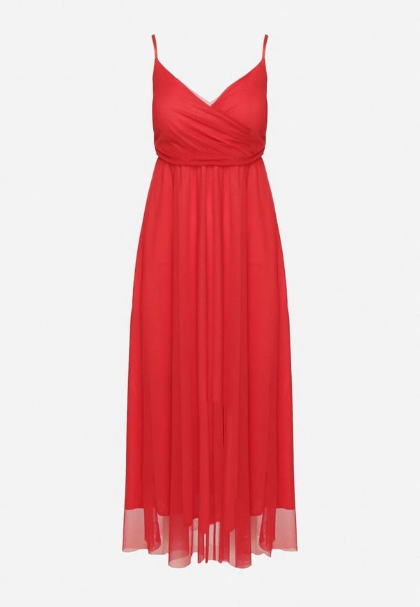 Born2be - Czerwona Sukienka Koktajlowa z Tiulową Siateczką Devinae. Okazja: na imprezę, na co dzień. Typ kołnierza: dekolt w kształcie V. Kolor: czerwony. Materiał: tiul. Długość rękawa: na ramiączkach. Sezon: lato. Styl: wizytowy