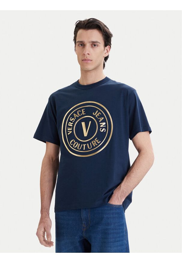 Versace Jeans Couture T-Shirt 80GAHT02 CJ00T Granatowy Regular Fit. Kolor: niebieski. Materiał: bawełna