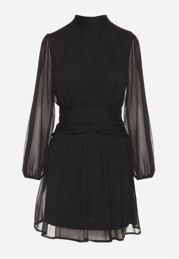 Born2be - Czarna Sukienka Rozkloszowane ze Stójką Marszczeniami i Transparentnymi Ramionami Belabria. Okazja: na co dzień. Typ kołnierza: kołnierzyk stójkowy. Kolor: czarny. Typ sukienki: rozkloszowane. Styl: casual, klasyczny