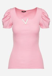 Born2be - Różowa Bawełniana Bluzka z Prążkowanego Materiału Ozdobiona Cyrkoniami Nessaria. Kolor: różowy. Materiał: materiał, bawełna, prążkowany. Wzór: aplikacja #6